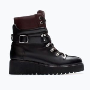 Zara Woman Leather Mountain Hiking Lace Up Combat Ankle Boots: Black/Brown